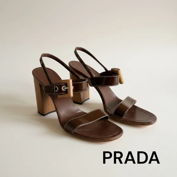 Women's Prada Brown Patent Leather Wood Heel Sandals Size 9 - Picture 1 of 11